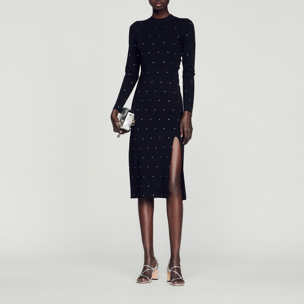 NWT Sandro Black Midi Rhinestone Dress